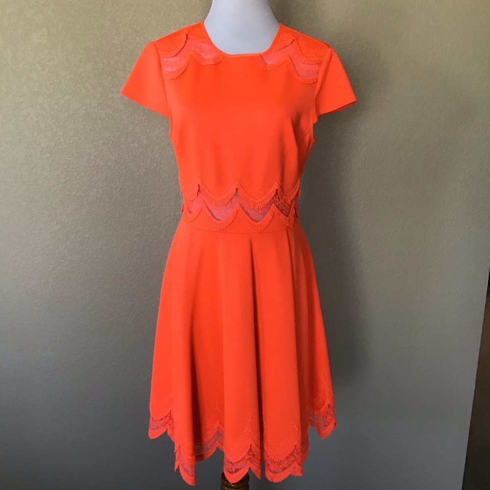 Ted Baker Rehanna Embroidered Fit & Flare Dress in Neon Orange